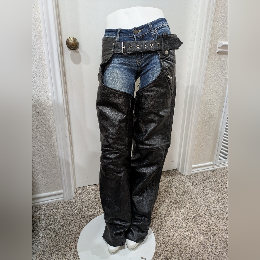 Allstate Leather Motorcycle Biker Chaps Sz M adjustable waist full-length Zipper